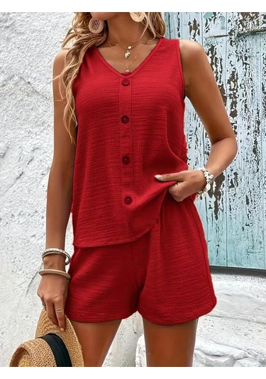 Soonaksesuar Kadın Askılı Kolsuz V Yakalı Önden Düğmeli Bürümcük Bluz Ve Short Ikili Takım Kırmızı