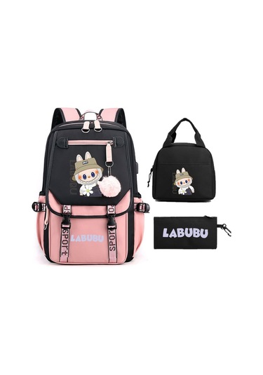 Karikatür Labubu Labubu Çocuk Okul Çantası Sırt Çantası Erkek Ve Kız Çocukları İçin Üç Parçalı Set Siyah Pembe 01