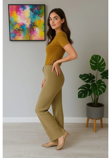 Kadın Yüksek Bel Triko Pantolon Yeşil