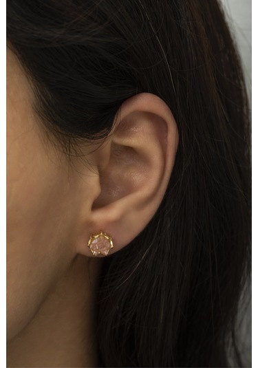 Pembe Zirkon Taşlı Lotus Çiçeği Kadın Küpe Altın