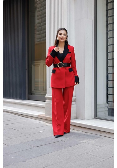 Gold Kemerli Garnili Kruvaze Takım Kırmızı Kırmızı