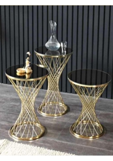 3'lü Kayzer Zigon Sehpa Seti Gold Ayak Siyah Cam Çok Renkli