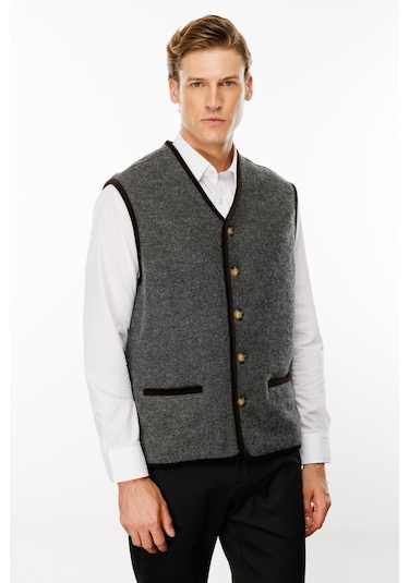 Erkek V Yaka Astarlı Saf Yün Keçe Yelek Füme Füme