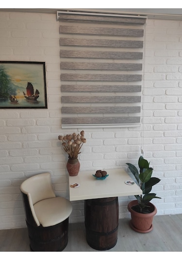 Kidmex Zebra -ahşap Desenli Koyu Kahve Rengi Bambu Zebra Stor Perde