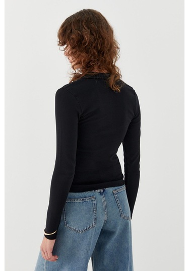 Polo Yaka Önden Gizli Fermuarlı Bluz Siyah Siyah