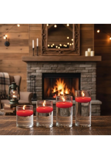 4 Lü Vazo + 12 Adet Çap 5 Cm Kırmızı Yüzen Mum Kırımızı