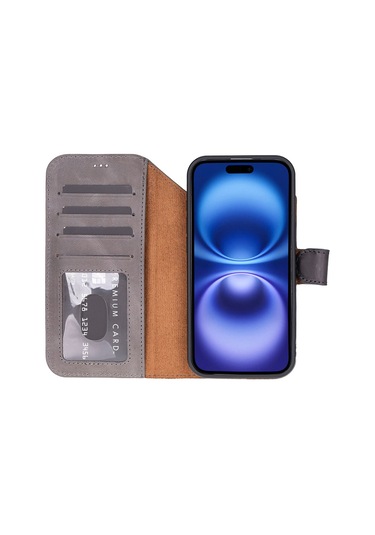 Bloomcase Magic Wallet Ash Mist Gray Hakiki Deri İphone Uyumlu 17 Air 6.5" Cüzdanlı Telefon Kılıfı Gri