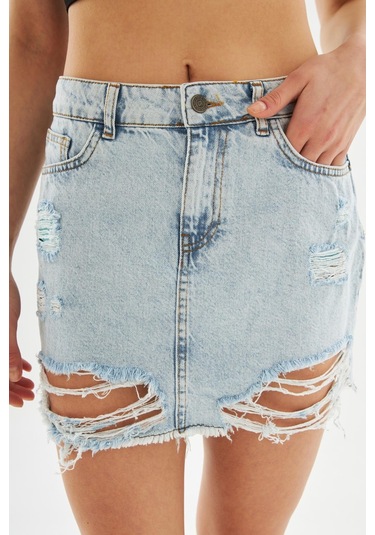 Explode - Kadın Yırtık Detaylı Mini Kot Etek Açık Mavi-açık Mavi Açık Mavi