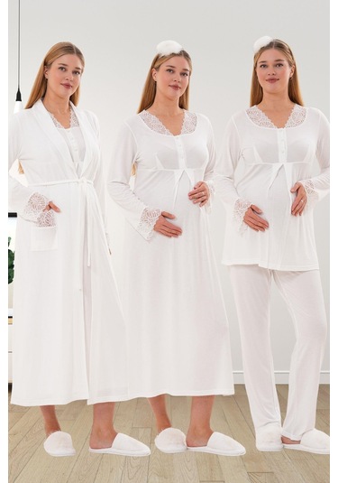 Mecit 6332 Ekru Sabahlık Gecelik Pijama Hamile Lohusa Set
