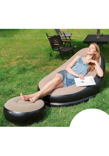 Snapbuy Ayak Dayamalı İç Dış Mekan Kullanımına Uygun Kadife Kaplamalı Berjer Şişme Koltuk - 2'li Set - Kahverengi - Krem