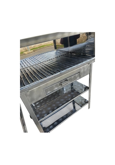 Paslanmaz Kömürlü Mangal 40 X 80 Cm Bacalı Barbekü Çekmeceli Tekerlekli Gri