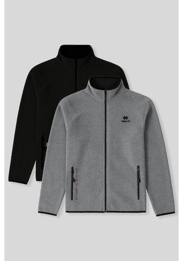 Standart Kalıp Dik Yaka 2li Paket Siyah-gri Melanj Erkek Polar Sweatshirt - 87992 Siyah - Gri