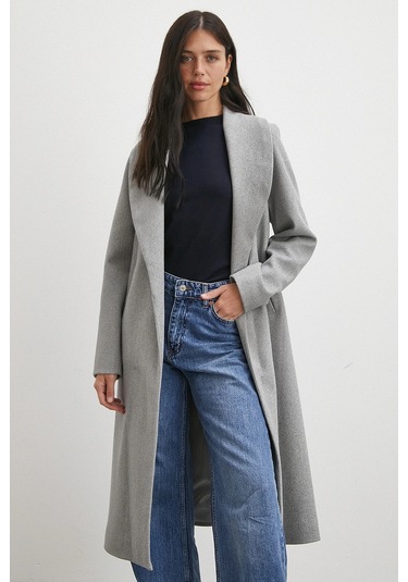 Kuşaklı Kaşe Kaban Gri Gri