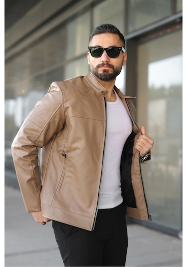 Erkek Krem Dar Kesim Deri Ceket Krem