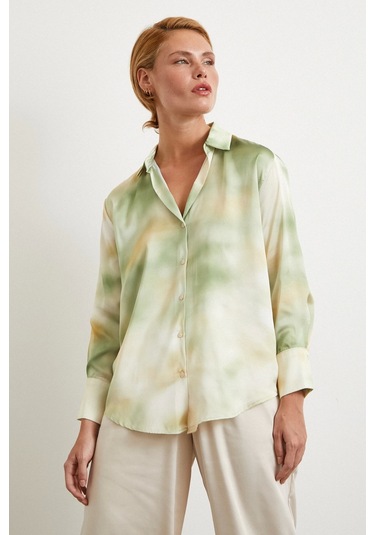 Ebruli Desen Saten Gömlek Yeşil Yeşil