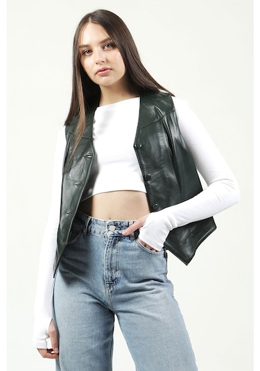 Dericlub Dc-001 Hakiki Deri Kadın Yelek Yeşil