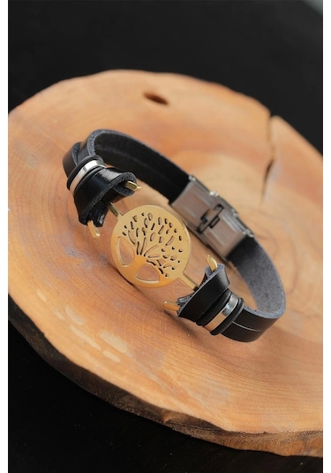 Gold Renk Metal Ağaçlı Tasarım Siyah Renk Deri Erkek Bileklik Çok Renkli