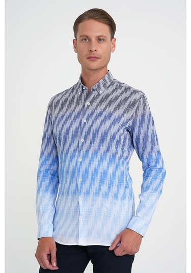 Comfort Fit Pano Desen Düğme Yaka %100 Keten Mavi Gömlek G 1594 Mavi