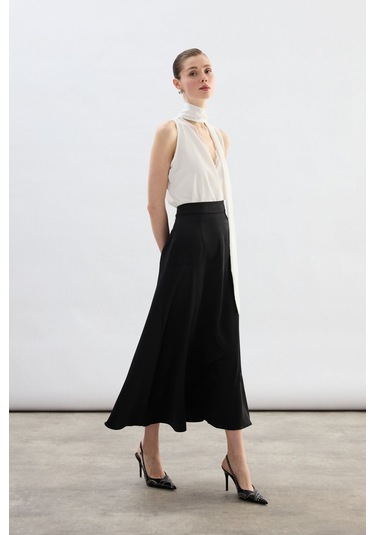 Sateen Yüksek Bel Saten Etek - Siyah-136783 Siyah