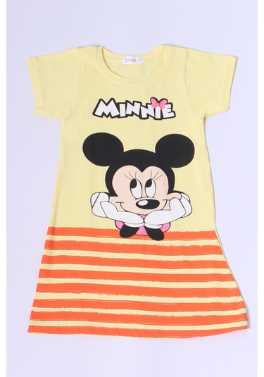 Kız Çocuk Elbise Karakter Baskılı Çizgili A25 Sarı