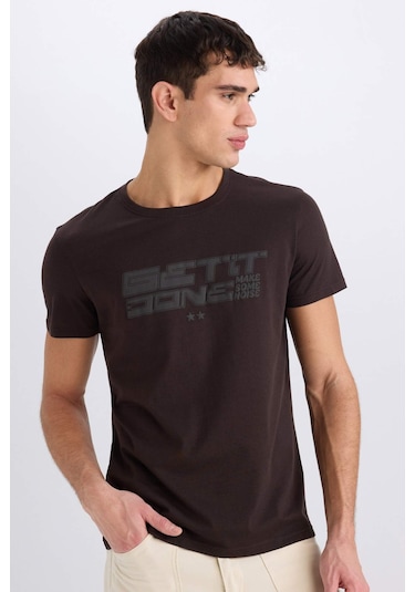 Defacto %100 Pamuk Slim Fit Dar Kesim Bisiklet Yaka Baskılı Kısa Kollu Tişört E0577ax25smbn337 Kahve