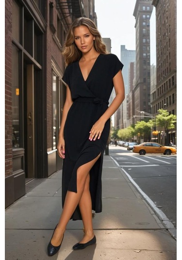 Kadın Kruvaze Yaka Cepli Derin Yırtmaçlı Beli Lastikli Aerobin Günlük Yazlık Elbise 3764341 Siyah