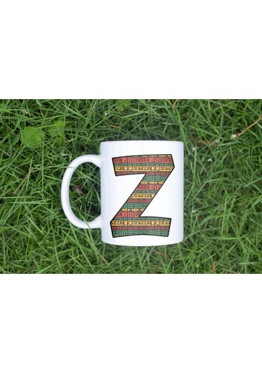 Z Harfi Etnik Desenli Kupa - Afrika Tarzı Kahve Çay Kupası - Hediyelik - Black History Beyaz