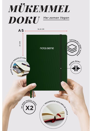 Nota Bene Premium Sert Kapak Defter, 14.8x21, Çizgili Yeşil