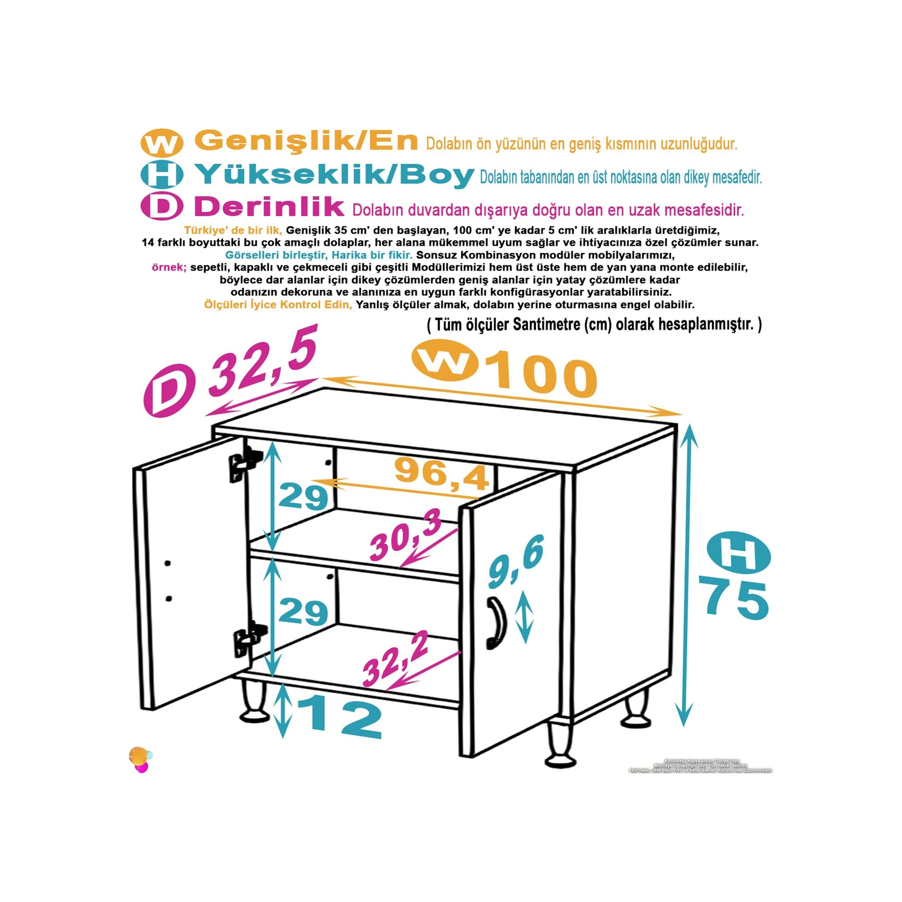 Efil Dolap Dar Alanlar İçin Çok Amaçlı Dolap 2 Kapaklı 2 Göz Raf Dolap 100x75x32,5 Cm Beyaz