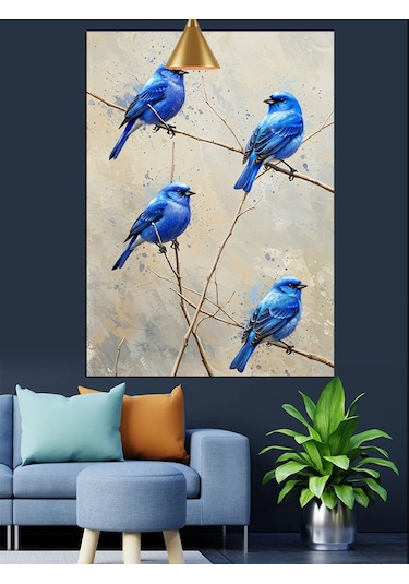 Mavi Tüylü Uçan Üç Kuş Dekoratif Kanvas - Mdf Ahşap Tablo