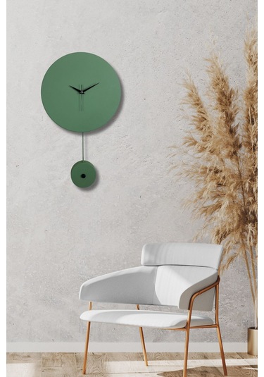Elis Model Modern Metal Sıvama Akar Sessiz Mekanizmalı Duvar Saati 30 30cm Sarkaç Şeklinde Süs Yeşil