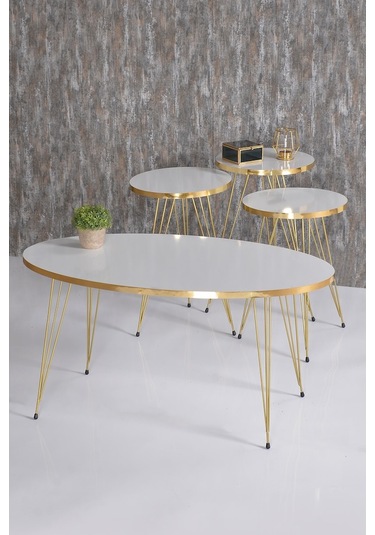 Zigon Sehpa Ve Orta Sehpa Elips Set Gold Beyaz Tel Ayak