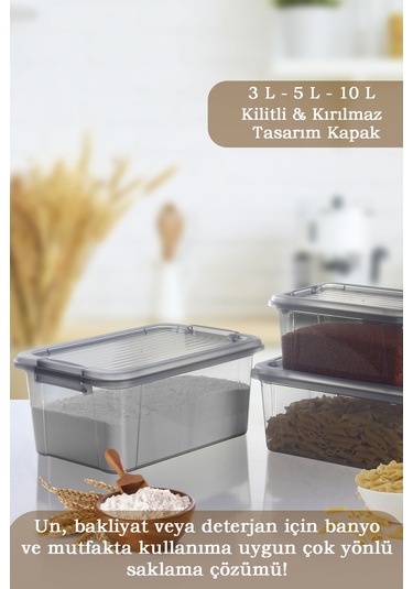 3'lü Kilit Kapak 3-5-10 Lt Erzak Saklama Kabı Çok Amaçlı Düzenleyici Kutu Deterjan Un Bakliyat Kabı Siyah