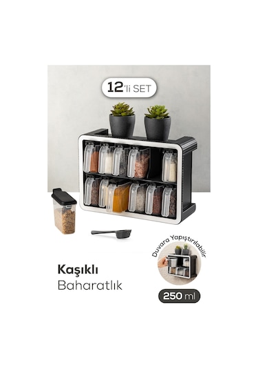 Vienev 12li 250 Ml Standlı Kendinden Yapışkanlı Kaşıklı Baharatlık Seti Antrasit
