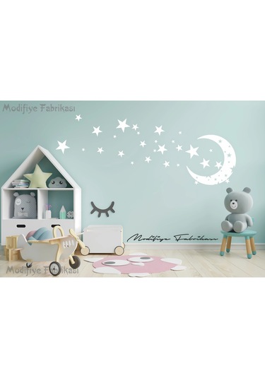 Ay Ve Yıldız Çocuk Bebek Odası Duvar Sticker Seti Beyaz