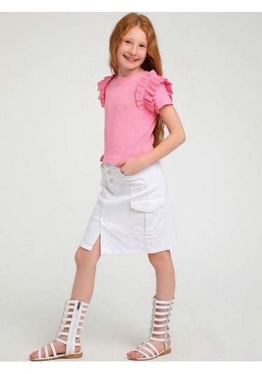 Kız Çocuk Pamuklu Bel Ayar Lastikli Dar Kot Beyaz Etek-14122 Beyaz