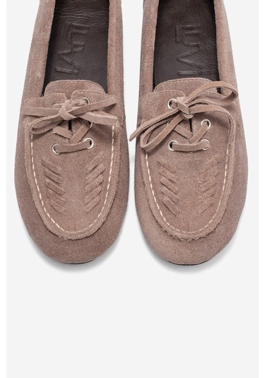 Lorven Vizon Süet Hakiki Deri Bağcıklı Kadın Loafer Ayakkabı Vizon