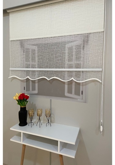 İncilifehome İcl1084 Çift Mekanizmalı Geometrik Desenli Tül Ve Stor Perde Kırık Beyaz Kırık Beyaz