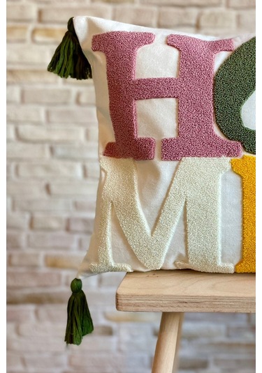 Swita Home Punch İşlemeli Tekli Dekoratif Özel Tasarım Kırlent Kılıfı Panç Mor - Yeşil