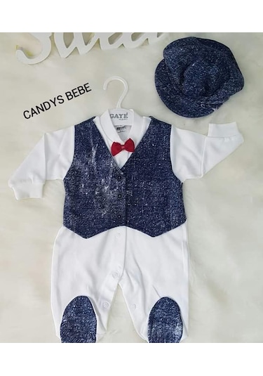 Gaye Bebe Şapkalı Mavi Erkek Bebek Tulum Mavi - Beyaz