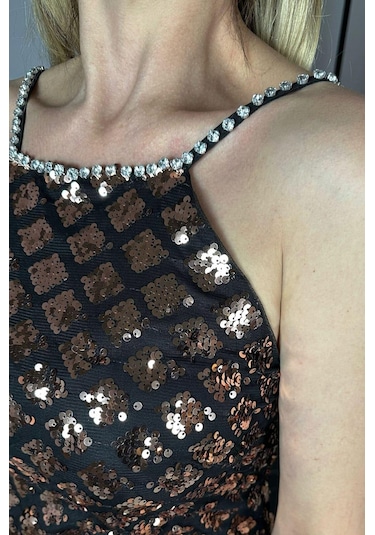 Ges Moda G1276 Otriş Ve Askı Detaylı Payet Tasarım Elbise Bronz Bronz
