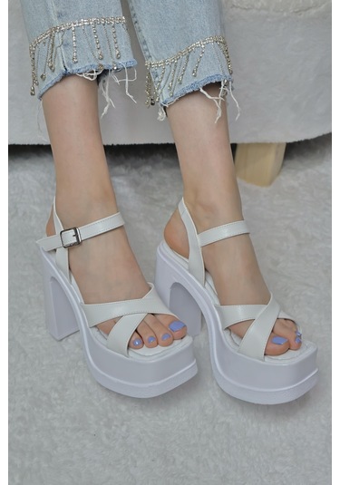 Asmi Shoes Kadın Çapraz Bantlı 12 Cm Platformlu Topuklu Ayakkabbı Beyaz Beyaz