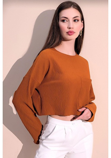 Kadın Hardal Uzun Kol Kendinden Dokulu Cepli Crop Sweatshirt, Salaş Kesim Bluz HARDAL