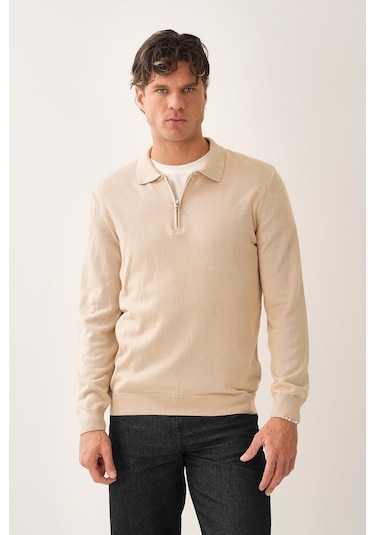 Fermuarlı Polo Yaka Kazak Taş