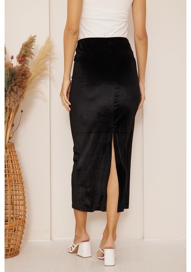 Kadın Siyah Kadife Maxi Boy Etek Dm2026 Siyah