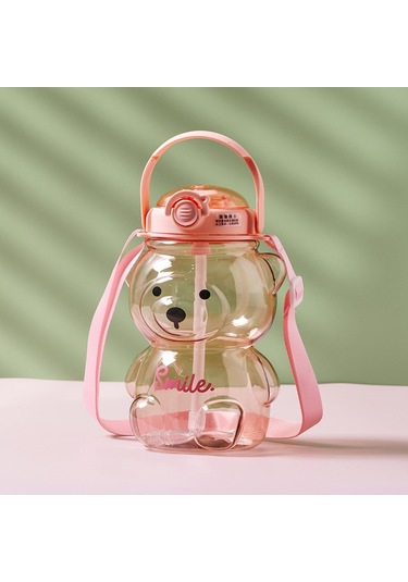 1000Ml Çocuk Taşınabilir Taşıma Su Şişesi Online Ünlü Büyük Kapasiteli Karikatür Oyuncak Ayı Plastik Su Bardağı Saman-1000Ml Pembe