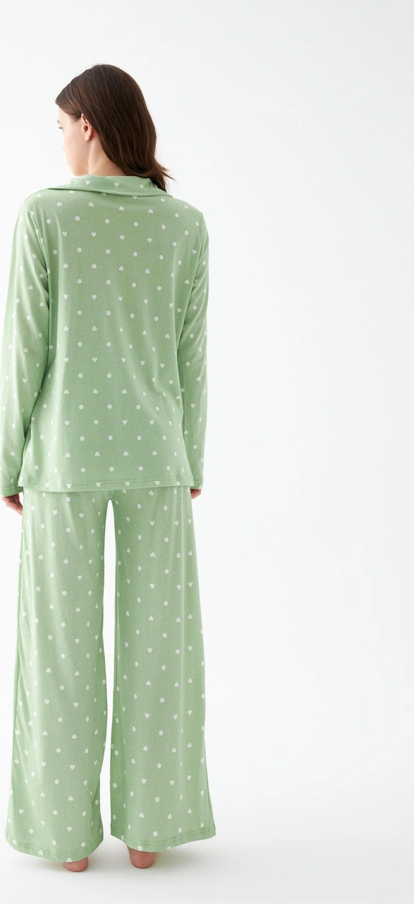 Akbeniz Kadın Yeşil Kalp Desenli Düğmeli Pamuklu Pijama Takımı Yeşil
