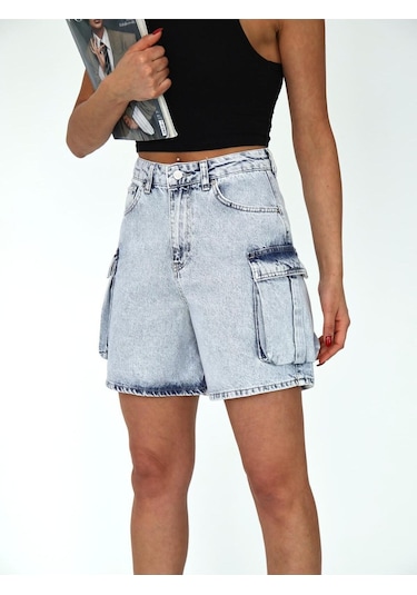 Kargo Cep ve Pens Detaylı Denim Şort Mavi+buz