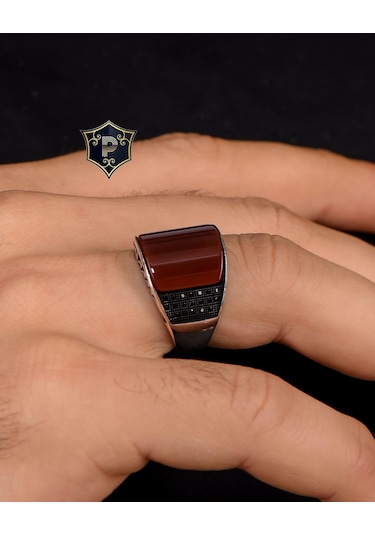 Prestij Gümüş 925 Ayar Gümüş Akik Taşlı Zirkon Taş Süslemeli Erkek Yüzüğü