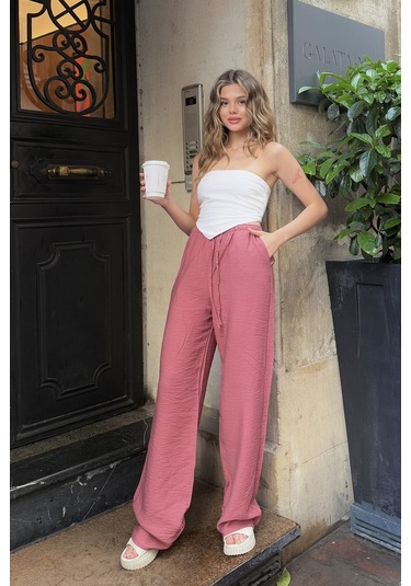 Pembe Keten Karışımlı Bol Kesim Pantolon Gül Kurusu